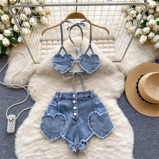 Costume dos nu en denim Love pour femme