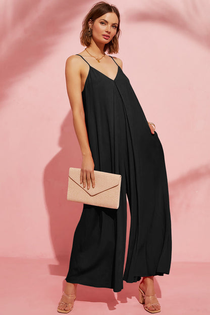 Black Adjustable Knotted Spaghetti Straps Wide Leg Jumpsuit