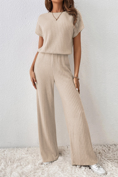 Black Solid Color Ribbed Short Sleeve Wide Leg Jumpsuit