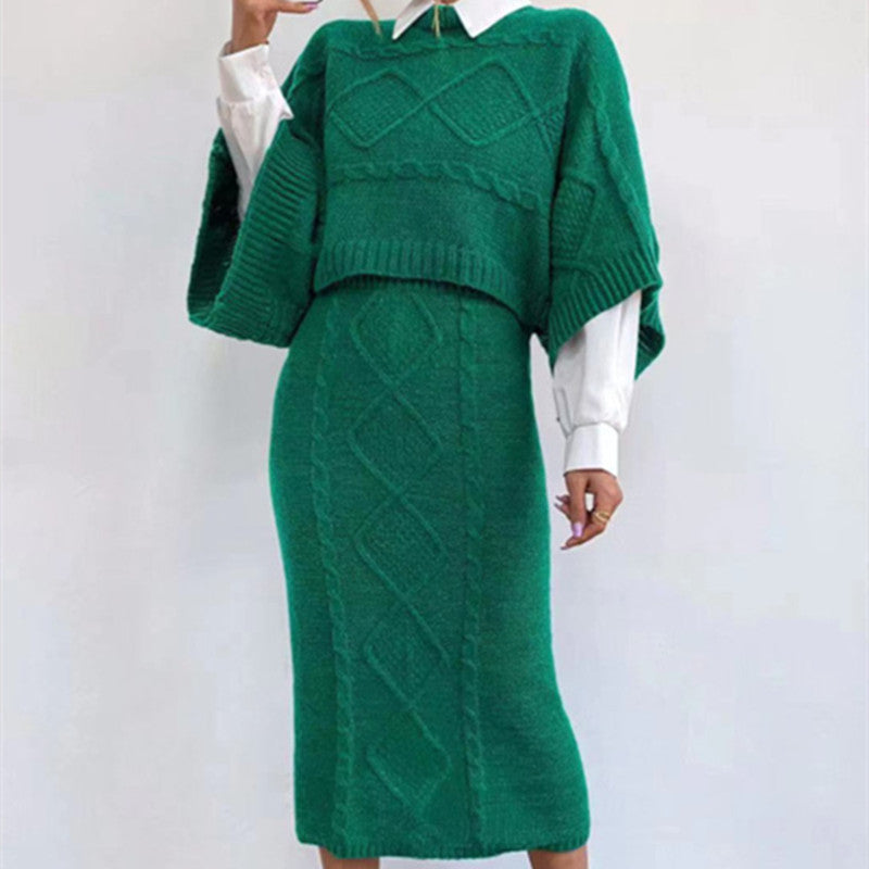 Women's Fashion Cable-knit Sweater Coat Wool Skirt