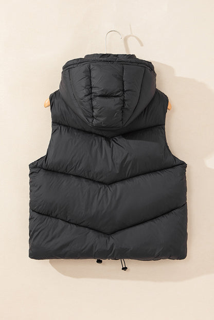 Black Sleek Quilted Puffer Hooded Vest Coat