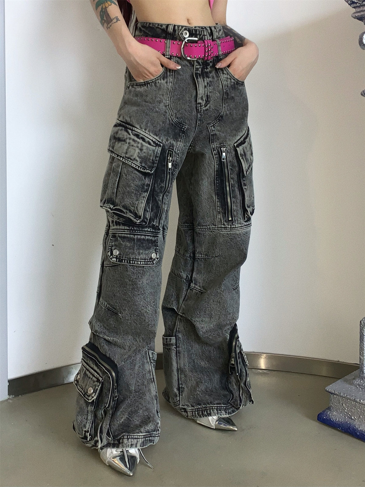 Design Retro Work Style Multi Pocket Jeans