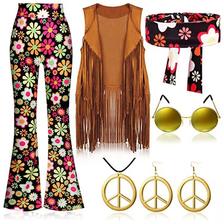 Ropa Vintage de fiesta Hippie de los años 70, chaleco con borlas, pantalones, traje con pañuelo en la cabeza