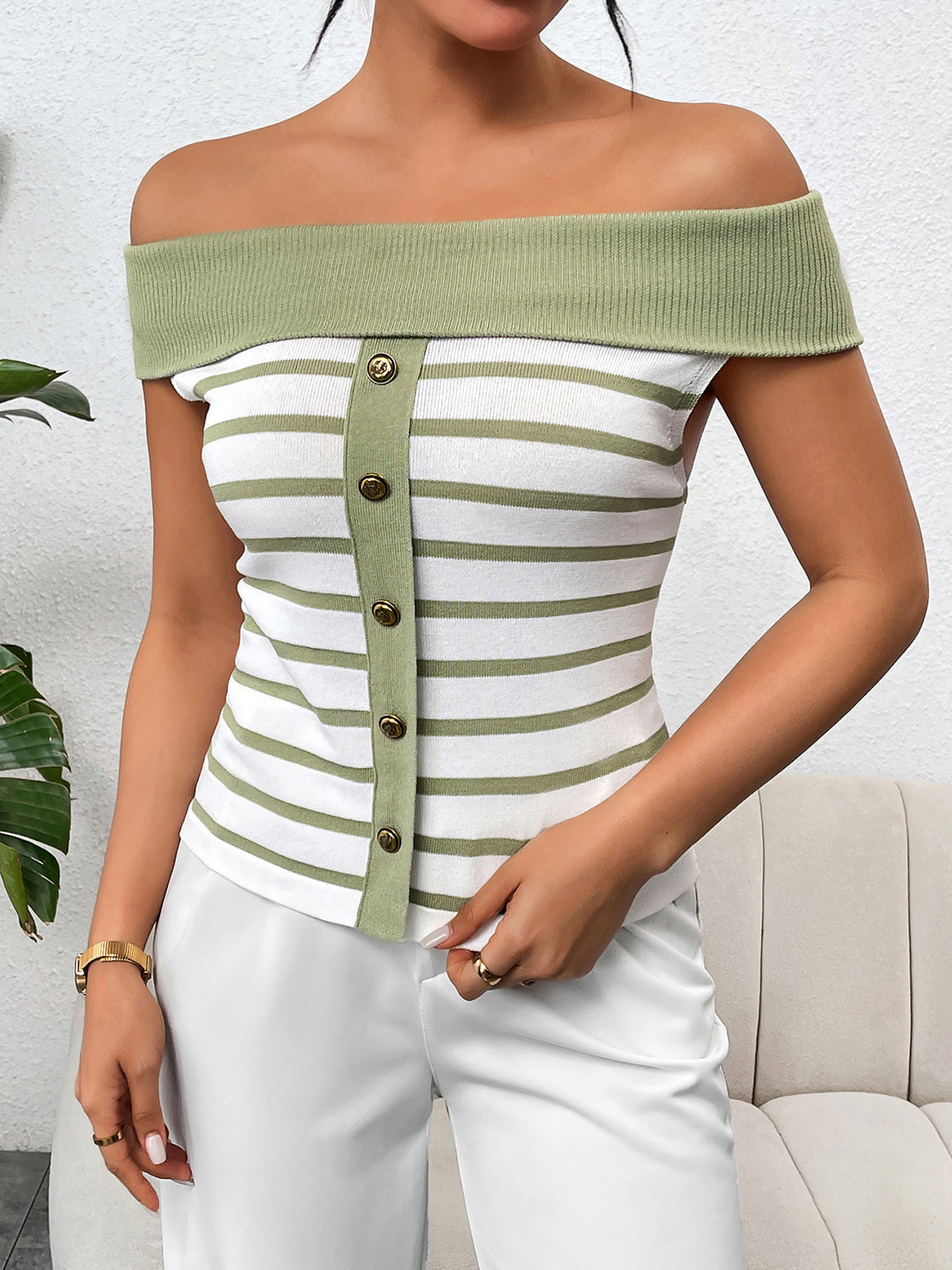 Decorative Button Striped Off-Shoulder Knit Top