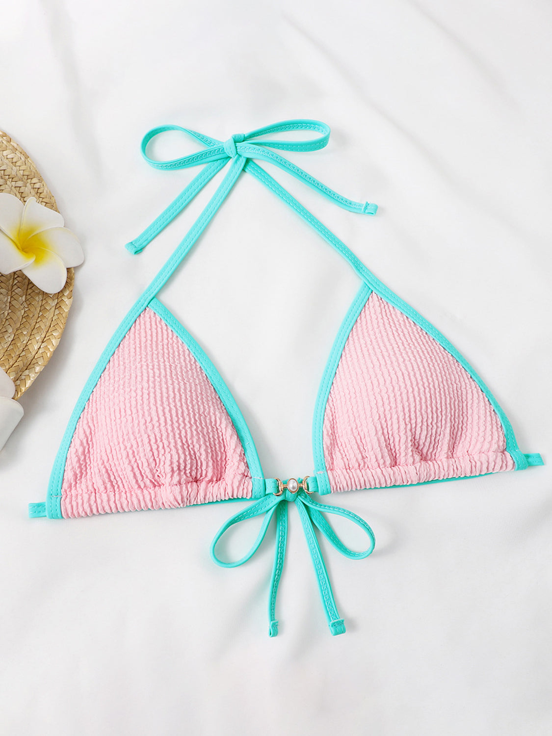 Conjunto de bikini de dos piezas con cuello halter en contraste texturizado