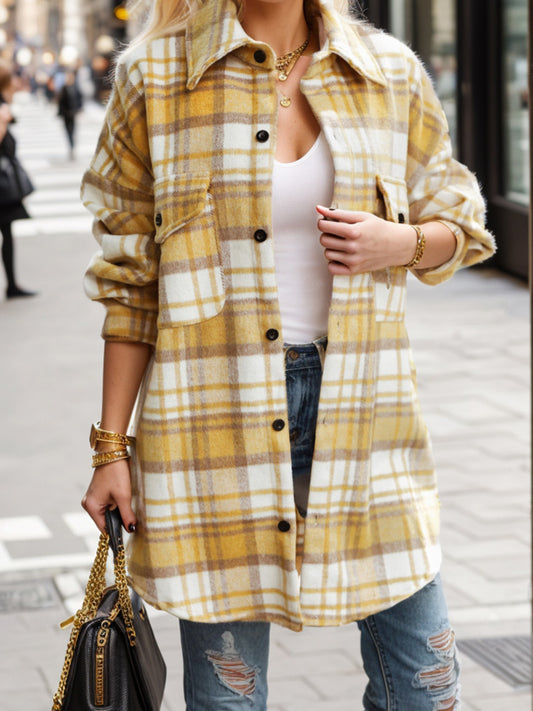 Pocketed Plaid Button Up Dropped Shoulder Shacket