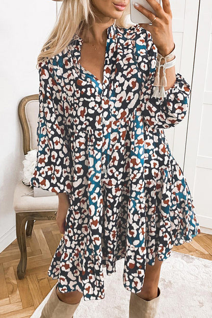 Blue Leopard Print Bubble Sleeve Ruffled Shirt Dress