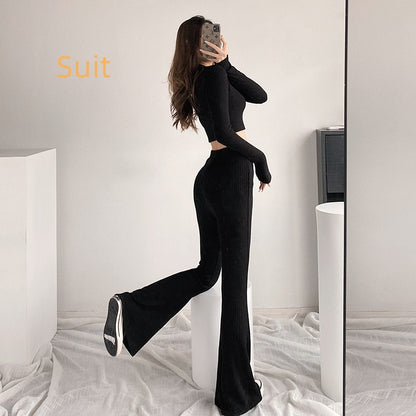 Tight Long-sleeved T-shirt Top Slim-fit High Waist Flattering Leisure Horn Wide-leg Pants Two-piece Suit