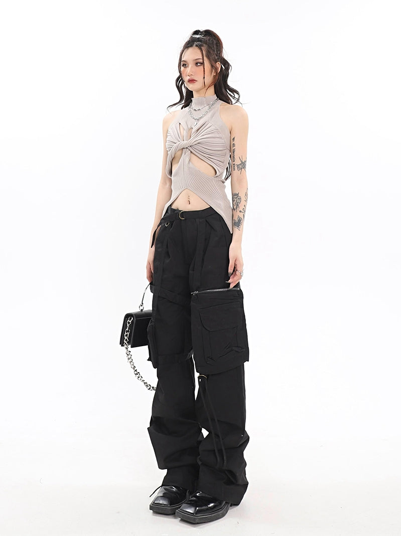 Women's Multi-pocket Tooling Ribbon High Waist Casual Wide Leg Pants