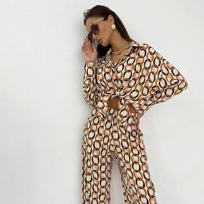 Women's Fashionable Printed Long-sleeved Trousers Pajamas Two-piece Set