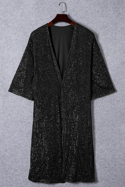 Apricot Sequin 3/4 Sleeve Open Front Duster Kimono