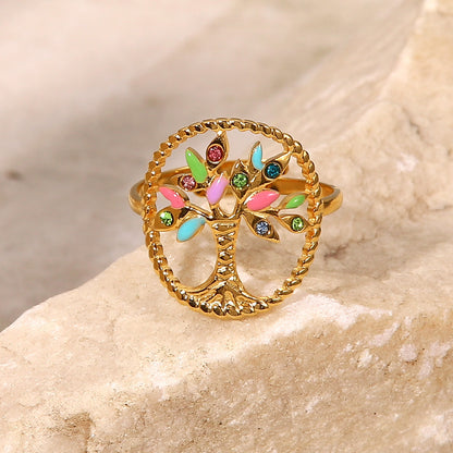 Tree Shape Inlaid Zircon 18K Gold-Plated Ring