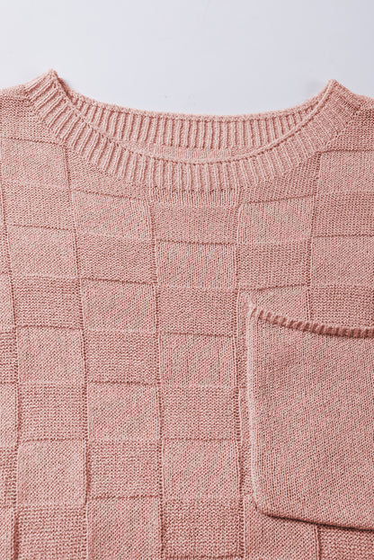 Pull à manches courtes en tricot texturé en treillis rose poussiéreux