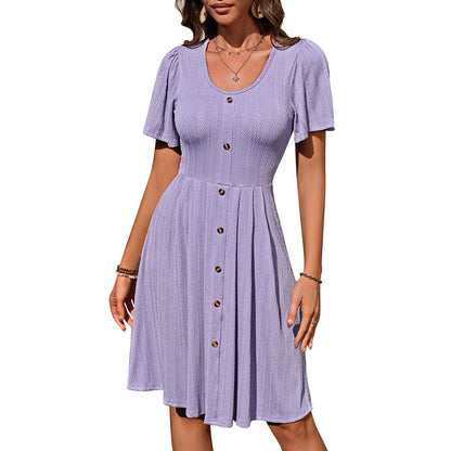 Women's Round Neck Button Stretch Casual Short Sleeve Dress