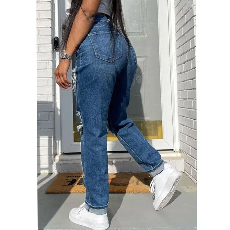 Women Jeans Blue Washed Ripped Mid Waist Street Hipster Denim Women