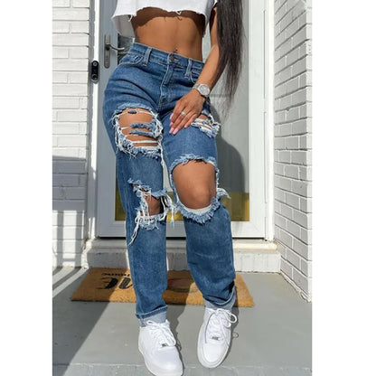 Women Jeans Blue Washed Ripped Mid Waist Street Hipster Denim Women