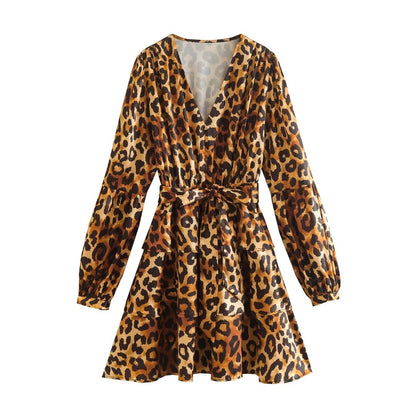 Belt Office V neck Leopard Print Long Sleeve Dress