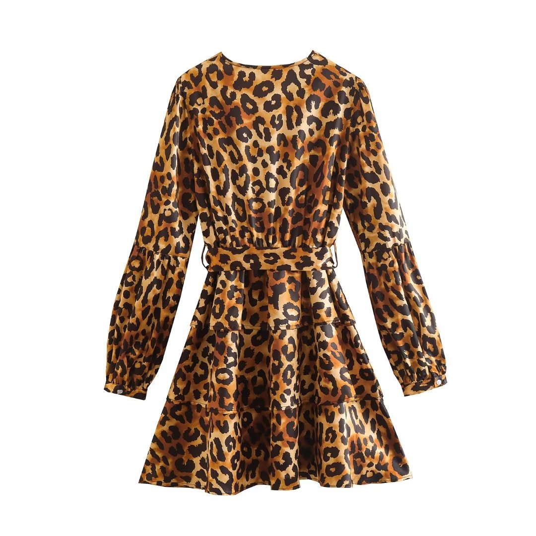 Belt Office V neck Leopard Print Long Sleeve Dress