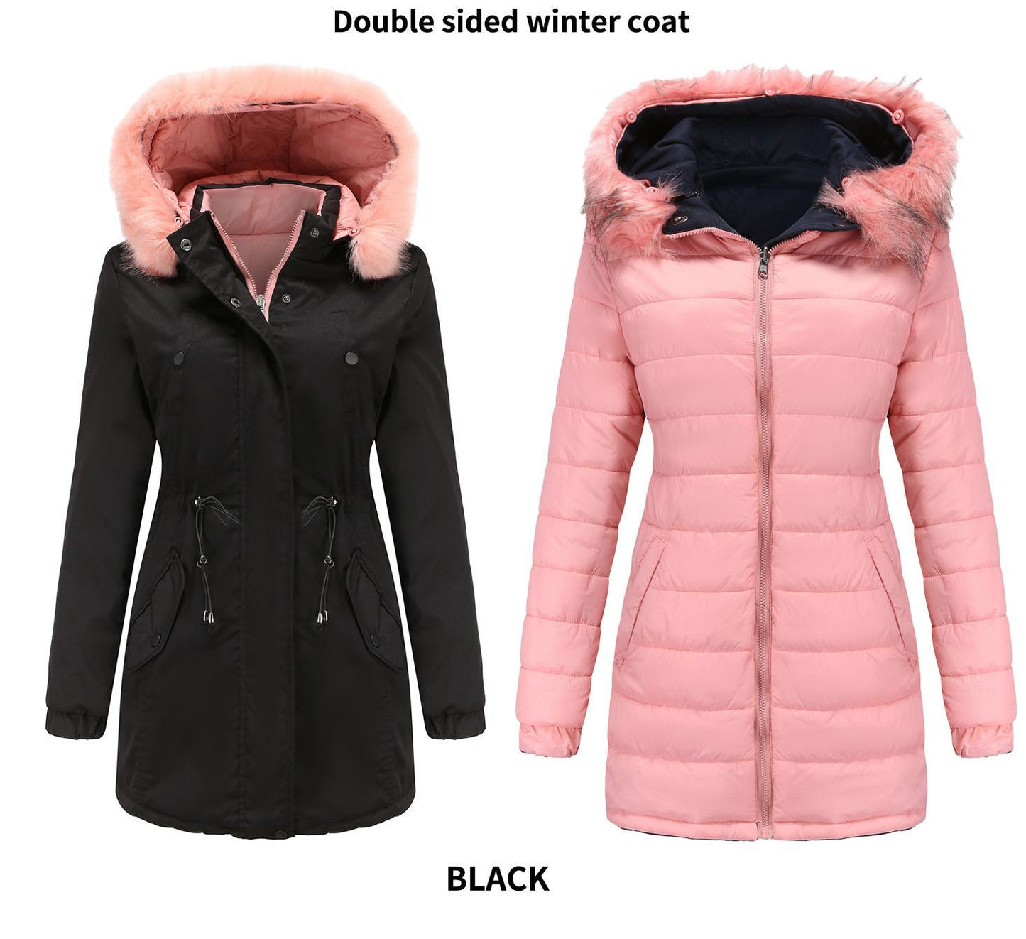 Abrigo acolchado de algodón para mujer, doble cara, cuello de piel desmontable, gorro desmontable, parka acolchada para mujer