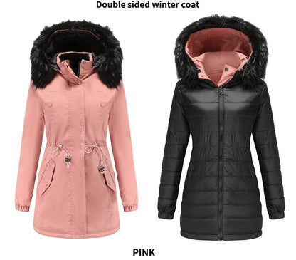 Abrigo acolchado de algodón para mujer, doble cara, cuello de piel desmontable, gorro desmontable, parka acolchada para mujer