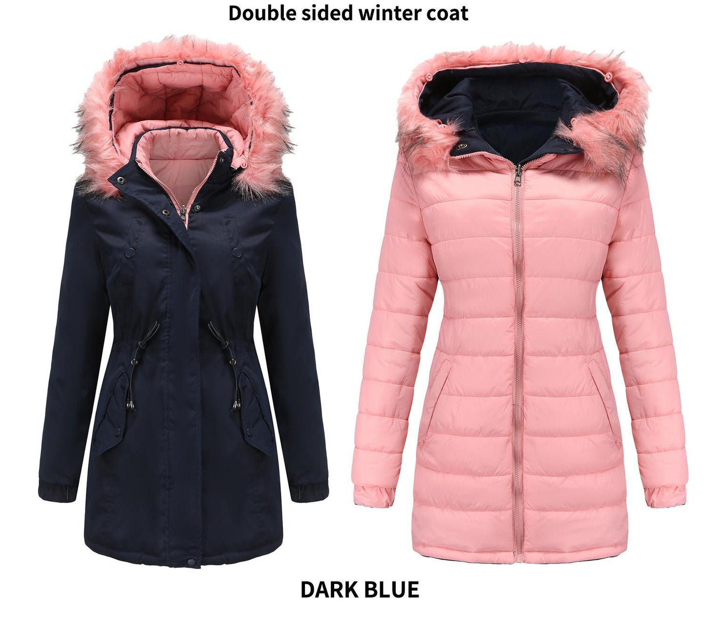 Abrigo acolchado de algodón para mujer, doble cara, cuello de piel desmontable, gorro desmontable, parka acolchada para mujer