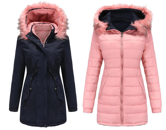 Abrigo acolchado de algodón para mujer, doble cara, cuello de piel desmontable, gorro desmontable, parka acolchada para mujer