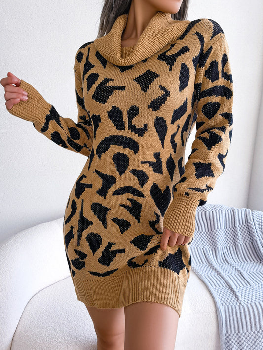 Autumn Winter Street Turtleneck Leopard Print Long Sleeve Base Sweater Dress Women Clothing