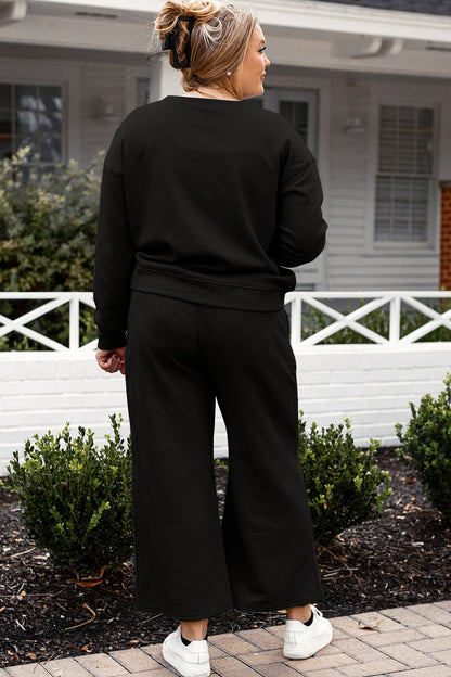 Ensemble haut texturé à manches longues et pantalon à cordon de serrage pleine taille Double Take