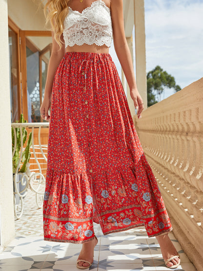 Women Summer Printed Tie Maxi A Line Skirt