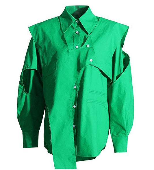 Chemise ample et décontractée, vert frais, col Polo, manches longues, ajouré, découpe, ensemble gilet deux pièces amovible, automne