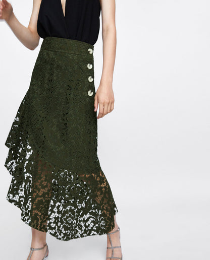 Autumn Green Chiffon Solid Color Asymmetric Skirt Office Outer Single Stitching Skirt Skirt