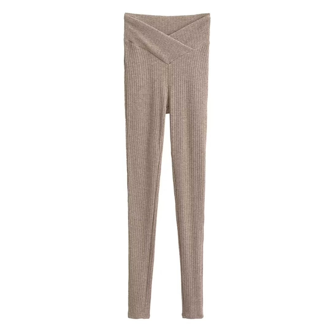 Pantalones ajustados elásticos con cintura en V para mujer, pantalones ajustados hasta el tobillo de punto, pantalones de tubo adelgazantes con rayas hundidas verticales para otoño e invierno