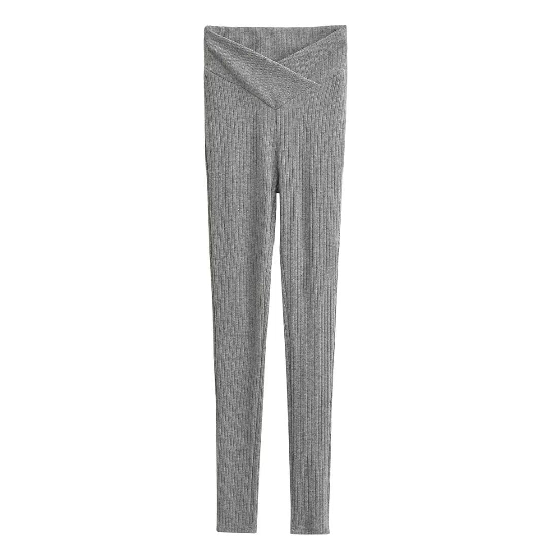 Pantalones ajustados elásticos con cintura en V para mujer, pantalones ajustados hasta el tobillo de punto, pantalones de tubo adelgazantes con rayas hundidas verticales para otoño e invierno