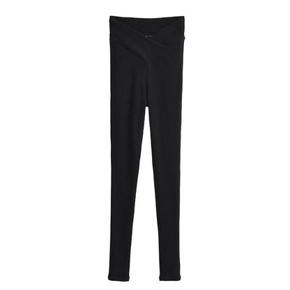 Pantalones ajustados elásticos con cintura en V para mujer, pantalones ajustados hasta el tobillo de punto, pantalones de tubo adelgazantes con rayas hundidas verticales para otoño e invierno