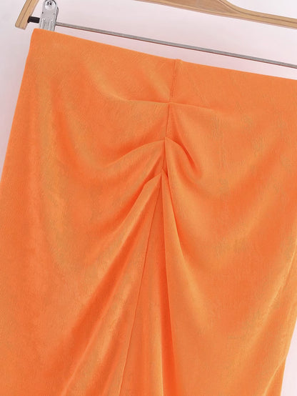 Women Wear Orange Knitted High Waist Bow Tie Mini Skirt Wild Casual