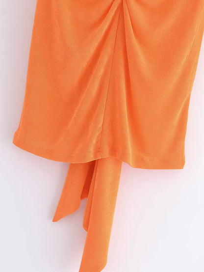 Women Wear Orange Knitted High Waist Bow Tie Mini Skirt Wild Casual