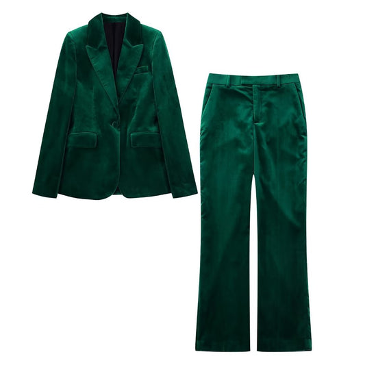 Autumn Winter Women Dark Blackish Green Slim Velvet Blazer High Waist Drooping Straight Sweat Pants Suit