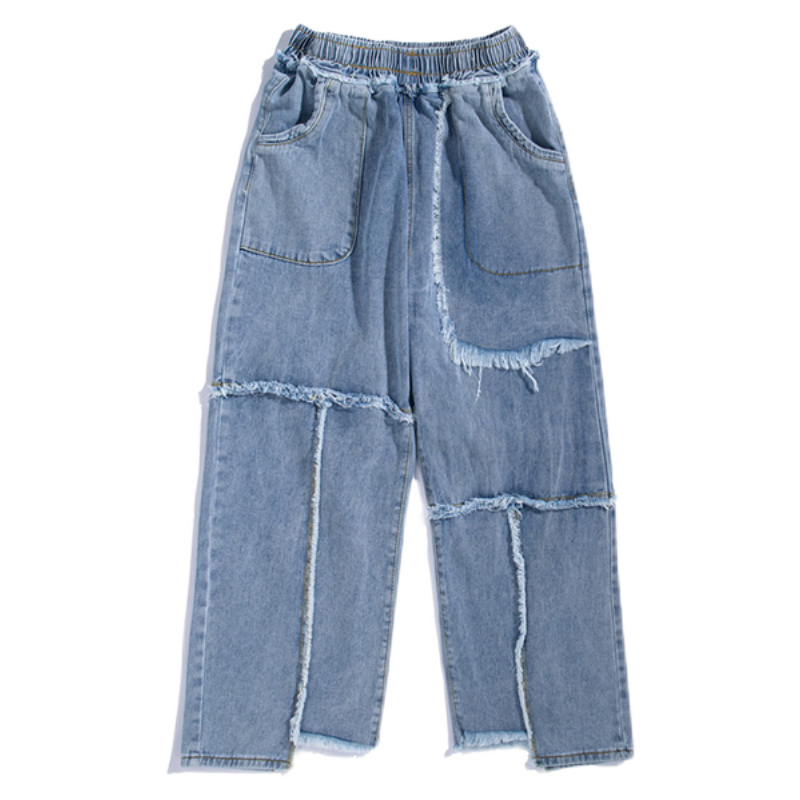 Distressed washed jeans with raw edges