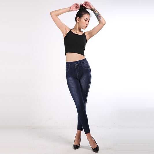 Autumn Women Imitation Denim Leggings Cotton Side Dot High Waist Ankle-Length Pants