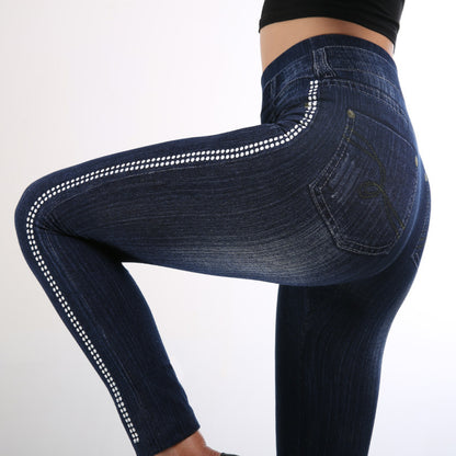 Leggings Imitation Denim pour femmes, pantalon en coton à pois latéraux, taille haute, longueur cheville, automne