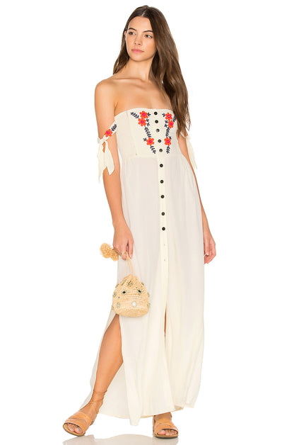 Vestido largo colgante con cuello y hombros bordados para vacaciones de Nuevos Bohemios de verano para mujer