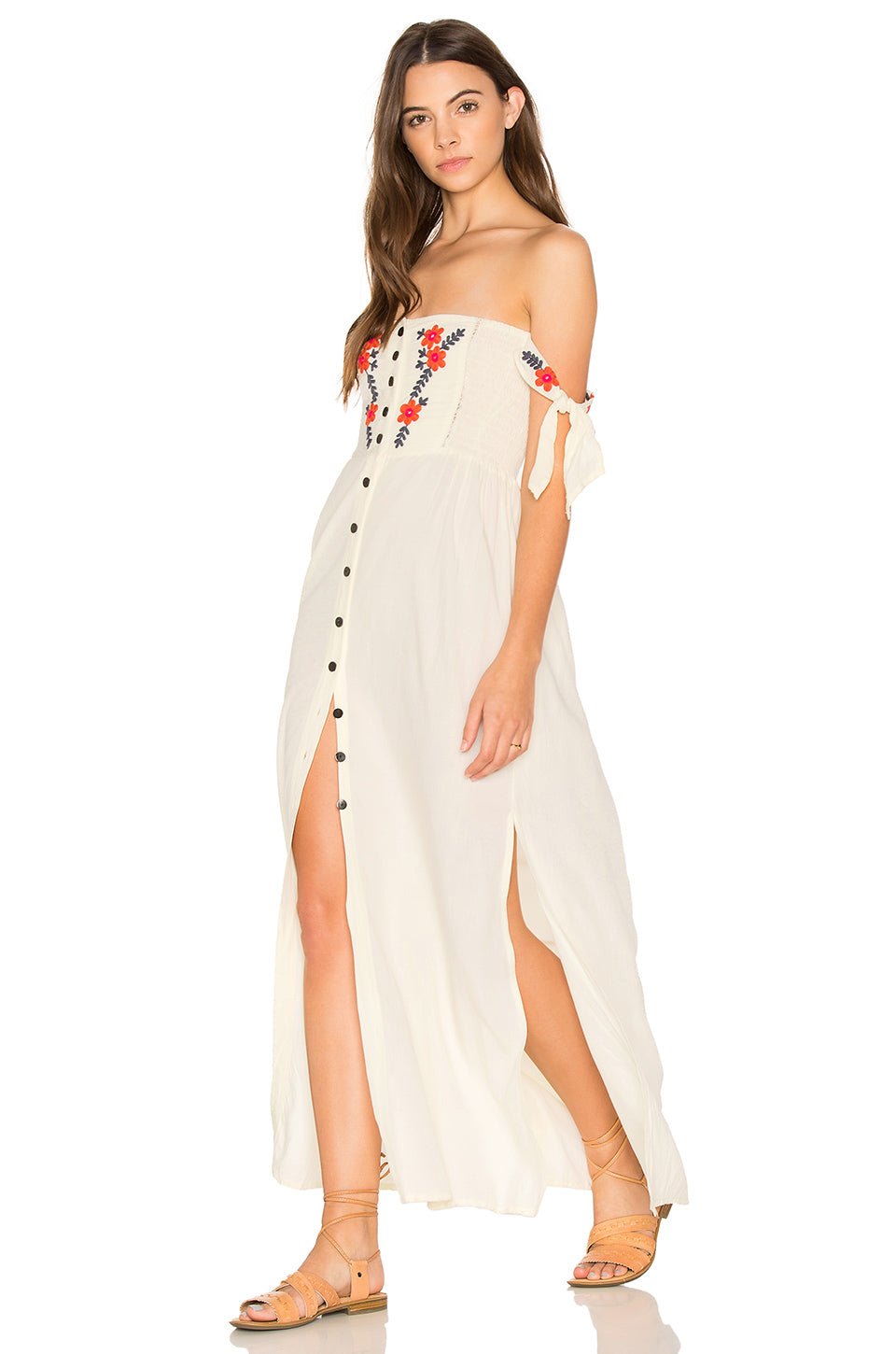 Vestido largo colgante con cuello y hombros bordados para vacaciones de Nuevos Bohemios de verano para mujer