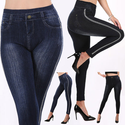 Leggings Imitation Denim pour femmes, pantalon en coton à pois latéraux, taille haute, longueur cheville, automne