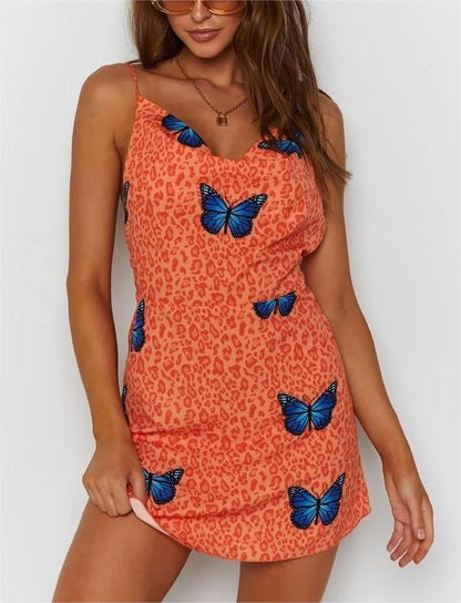 Summer Square Collar Leopard Print Butterfly Print Dress