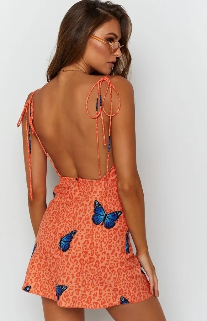 Summer Square Collar Leopard Print Butterfly Print Dress