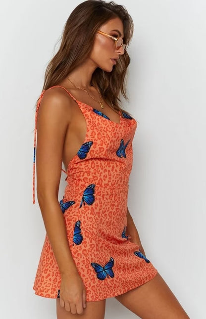 Summer Square Collar Leopard Print Butterfly Print Dress