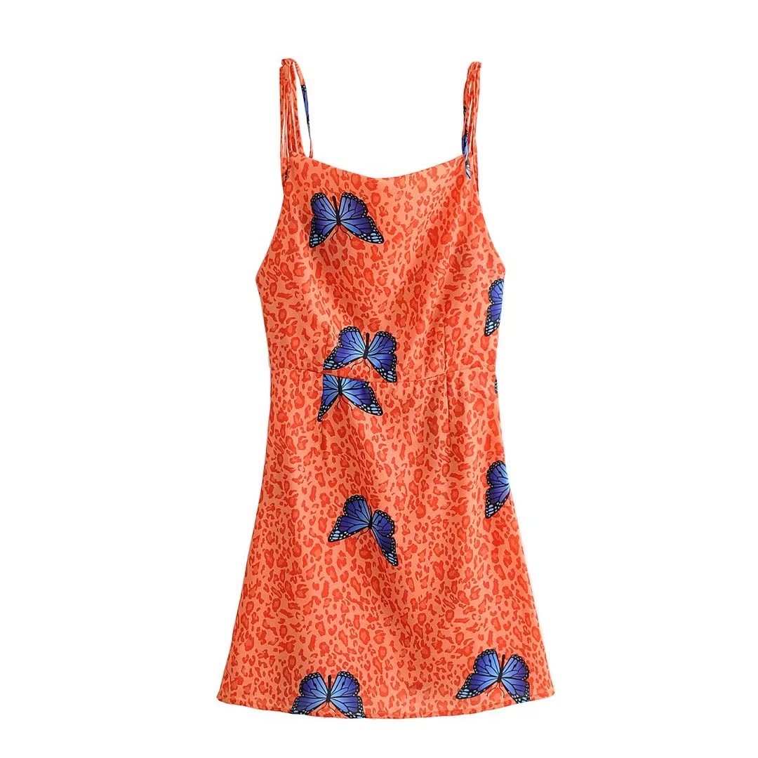 Summer Square Collar Leopard Print Butterfly Print Dress