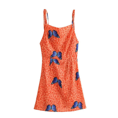 Summer Square Collar Leopard Print Butterfly Print Dress