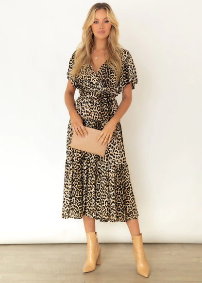 Vestido largo medio con estampado de leopardo y cuello en V de verano para mujer