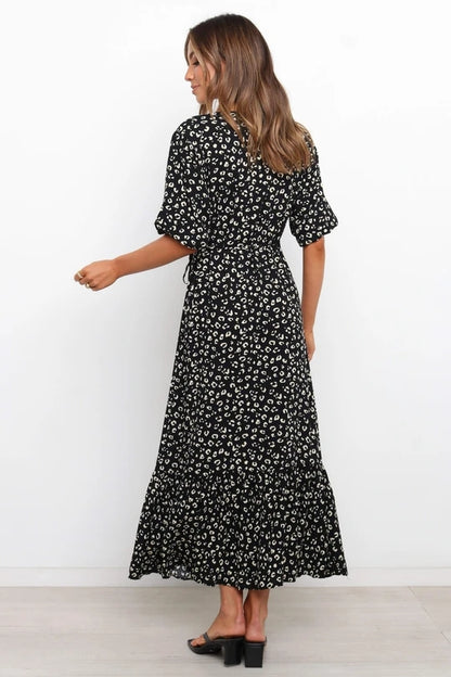 Vestido elegante con mangas abullonadas y cuello en V con estampado de leopardo para mujer